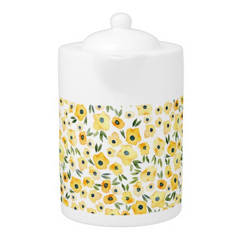 Tiny Yellow Flowers Watercolor Seamless Teapot