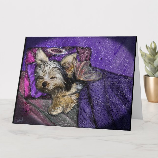 Tiny Yorkie Sleeping Angel Halo Memorial Art Card (Small Plant)