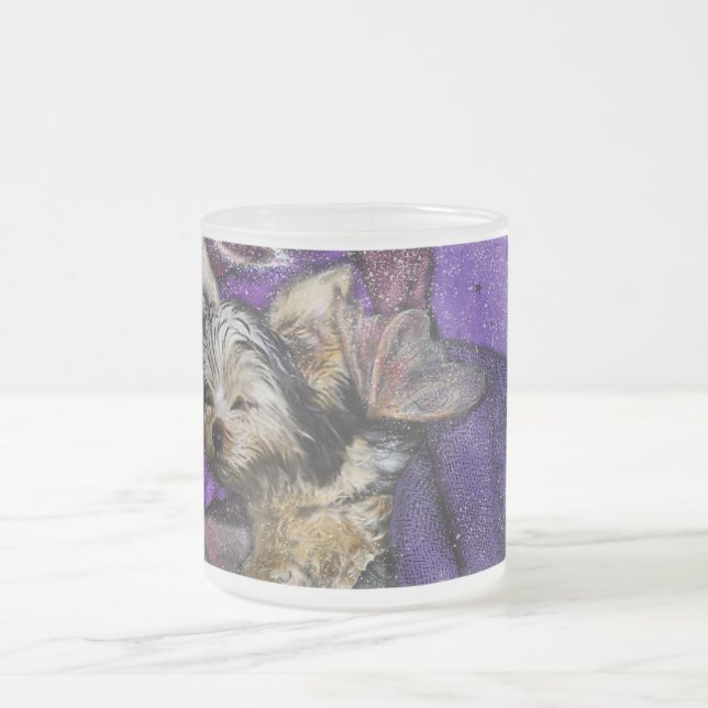 Tiny Yorkie Sleeping Angel Halo Memorial Art Frosted Glass Coffee Mug (Center)