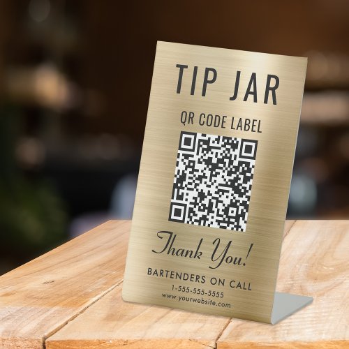 Tip Jar QR Code Gold Tabletop Pedestal Sign
