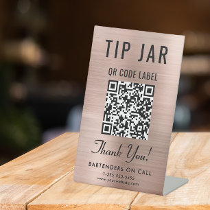 Tip Jar QR Code Rose Gold Tabletop Pedestal Sign