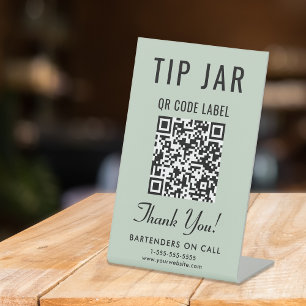 Tip Jar QR Code Sage Green Tabletop Pedestal Sign
