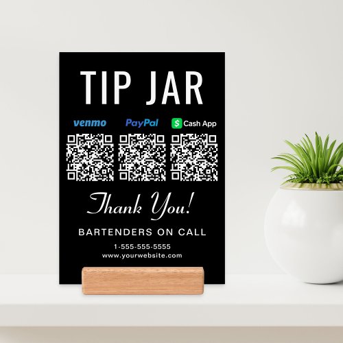 Tip Jar Venmo Paypal Cashapp QR Codes Black Sign Holder