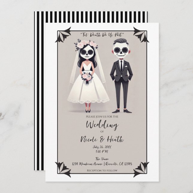 Tip Toe Sugar Skull Bride & Groom Wedding Invitation (Front/Back)