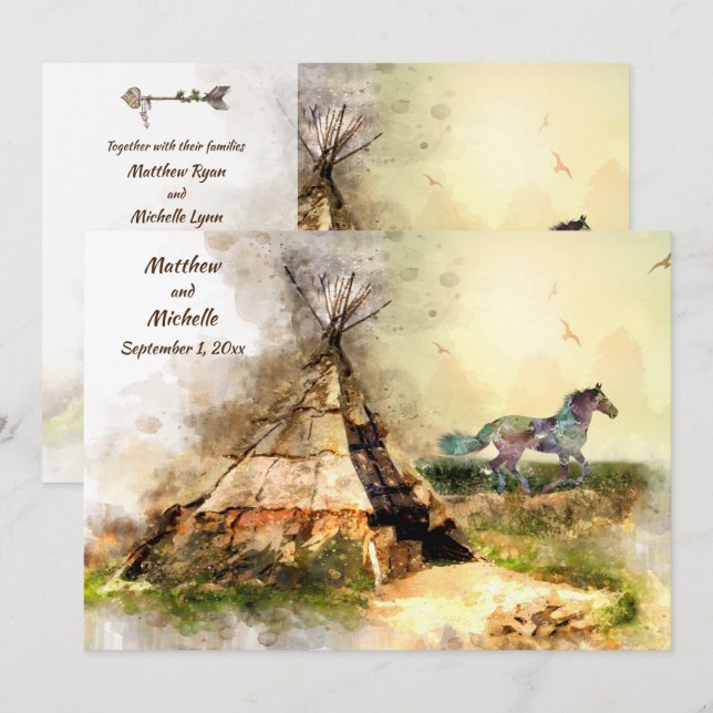 Tipi and Indian Pony Boho Horse Teepee Wedding Invitation (Front/Back)