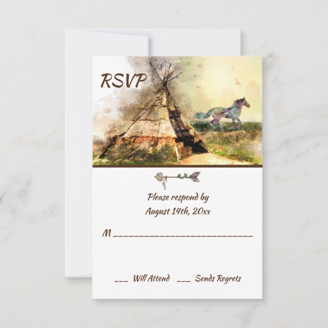Tipi and Indian Pony Boho Horse Teepee Wedding RSVP Card (Front)