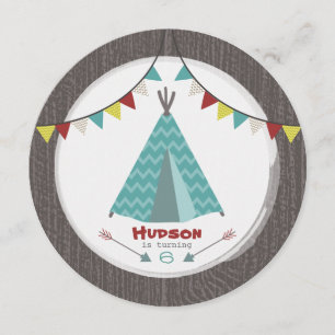 Tipi Birthday Party Round Invite Turquoise