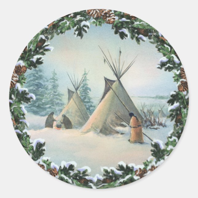 TIPI CAMP SQUAW & BOUGHS by SHARON SHARPE Classic Round Sticker (Front)