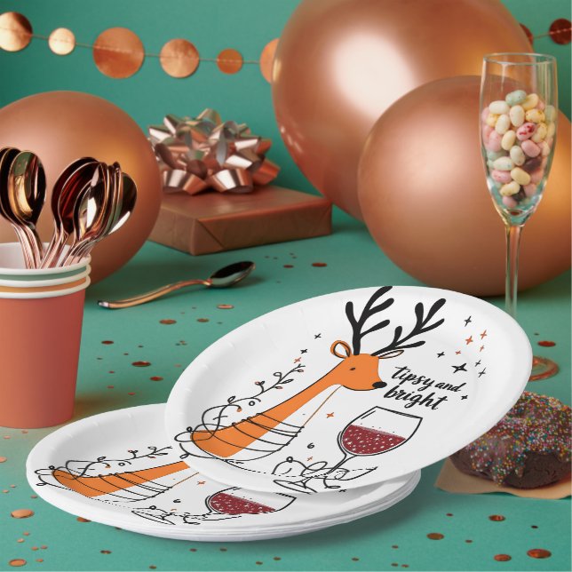 Tipsy and Bright Reindeer  Paper Plates (Multi)