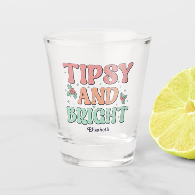 Tipsy and Bright Retro Personalized Christmas Shot Glass (Front)