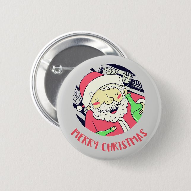 Tipsy Santa Merry Christmas Button (Front & Back)