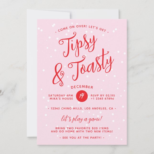 Tipsy & Toasty Pink Red Christmas Holiday Card (Front)