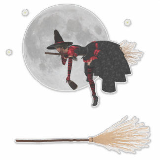 Tipsy Witch on Flying Broom Custom Cut Stickers