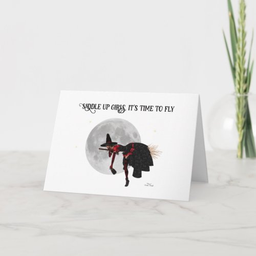 Tipsy Witch On Flying Broom Halloween Card