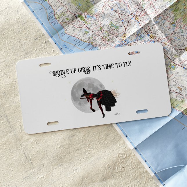 Tipsy Witch On Flying Broom License Plate (In Situ)