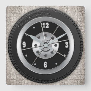 Tire Clock - Square Background -Brown Faux Texture