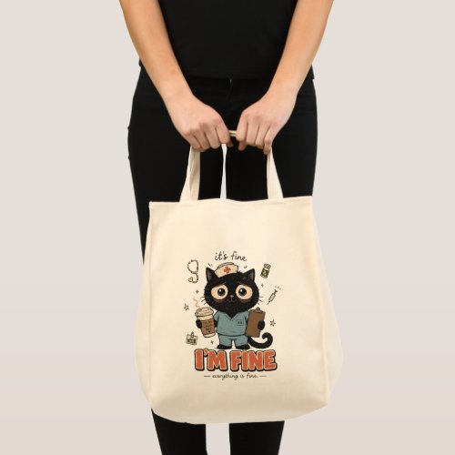Tired Black Cat Nurse Everything Is Fine Retro Tote Bag