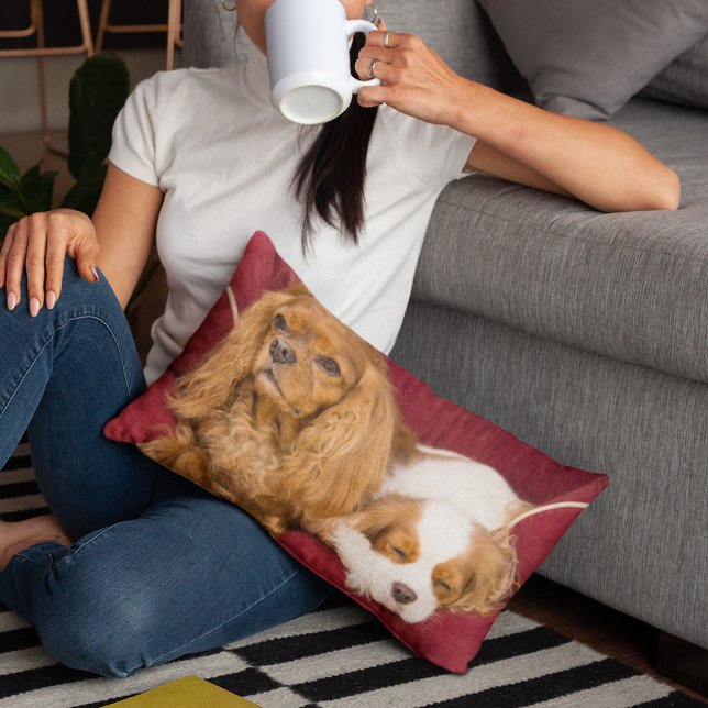 Tired Cavalier King Charles Spaniels Lumber Pillow (Cozy up with Horatio and Princess Fiona on this charming lumbar pillow.)