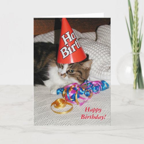 Tired Kitty in Hat Biethday Card