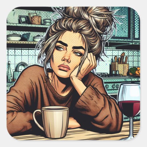 Tired Lady with Coffee and Wine Pop Art Square Sticker