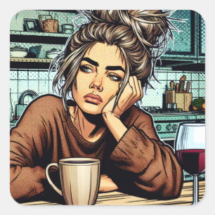 Tired Lady with Coffee and Wine Pop Art Square Sticker