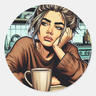 Tired Lady with Coffee Comic Book Pop Art Classic Round Sticker