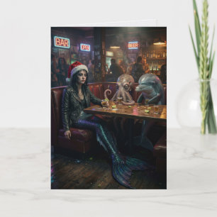 Tired Mermaid Santa Squid Dolphin Bar Christmas Card