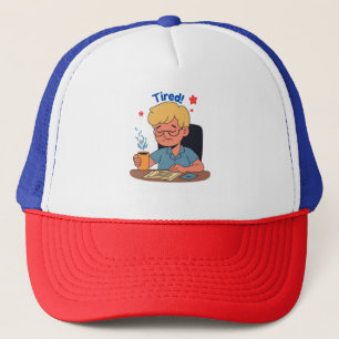 Tired Office Worker Cartoon – Funny Coffee & Work  Trucker Hat