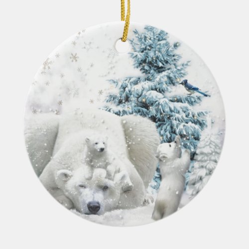 Tired Polar Bear Mother With Babies Ceramic Ornament
