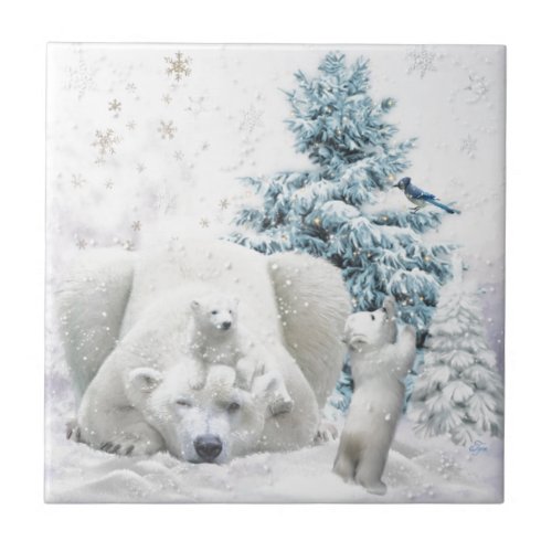 Tired Polar Bear Mother With Babies Ceramic Tile