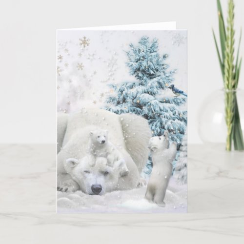 Tired Polar Bear Mother With Babies Holiday Card
