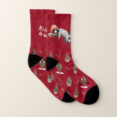 Tired Raccoon  Red Christmas Tree Socks