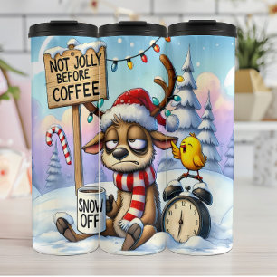 Tired Reindeer Needs Coffee Thermal Tumbler