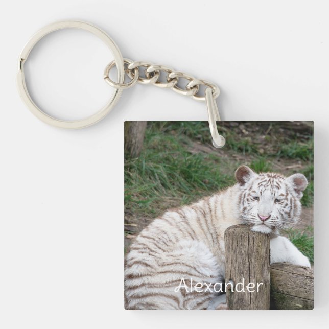 Tired Sleepy White Tiger Resting On Tree Logs Keychain (Front)