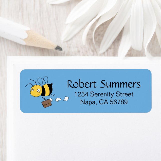 Tired Stressed Bee Holding Briefcase Label (Insitu)