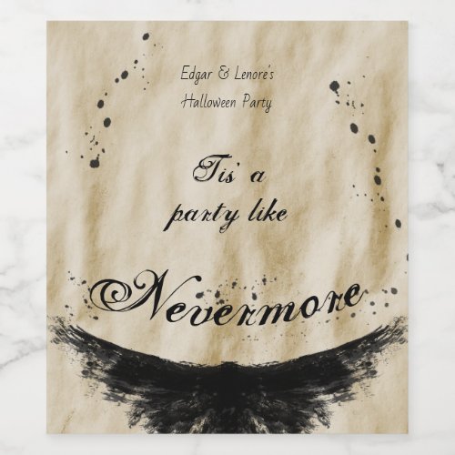 Tis a Party Like Nevermore Raven Wings Halloween Wine Label