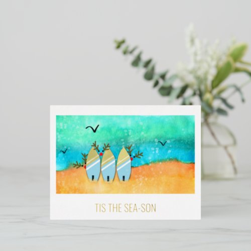 Tis The Sea_Son Beach Christmas with Rudolph  Foil Foil Holiday Postcard