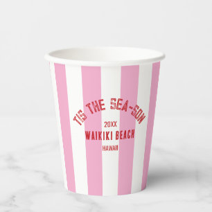 Tis The Sea Son Custom Beach Christmas Pink Stripe Paper Cups