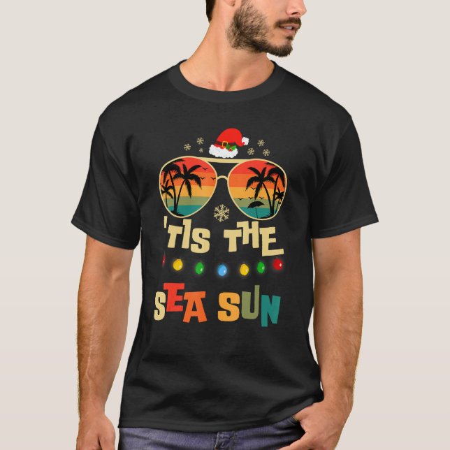 Tis The Sea Sun Christmas In July Santa Hat Beach  T-Shirt (Front)