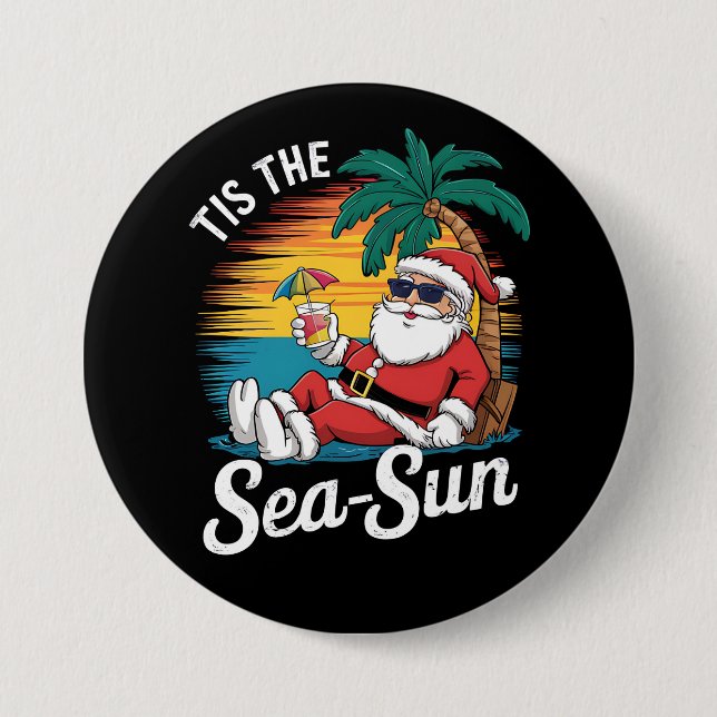 Tis The Sea Sun Santa Beach Christmas In Juy  Button (Front)