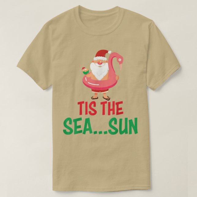 Tis the Sea Sun Santa Flamingo Tube Coconut  T-Shirt (Design Front)
