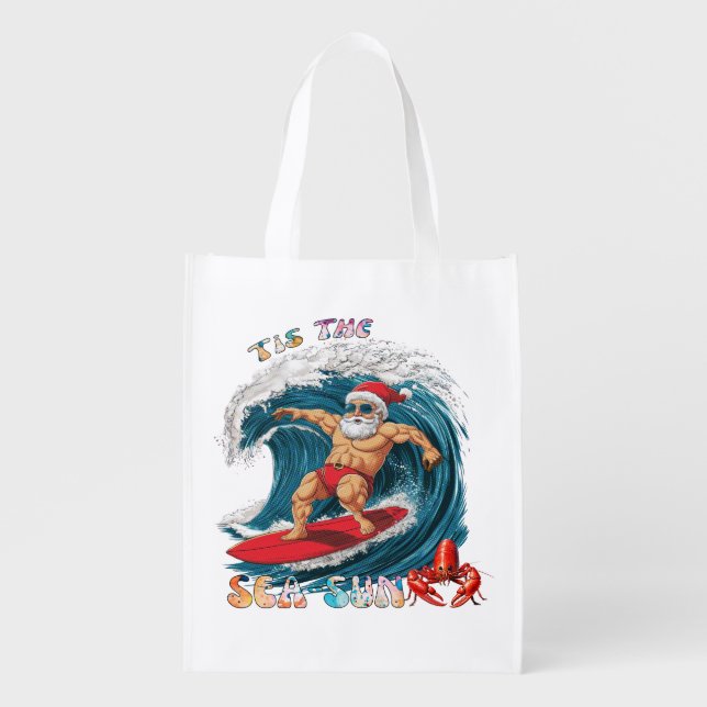 Tis The Sea-Sun - Surfing Santa Grocery Bag (Front)