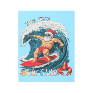 Tis The Sea-Sun - Surfing Santa Metal Print