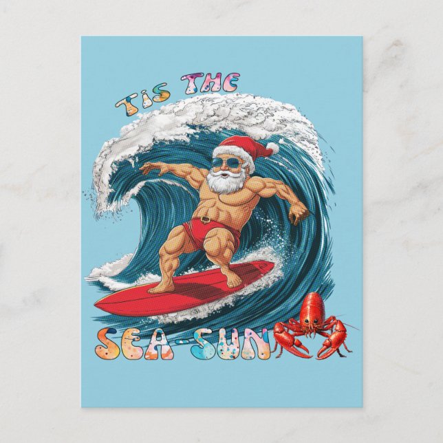 Tis The Sea-Sun - Surfing Santa Postcard (Front)