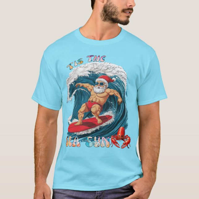 Tis The Sea-Sun - Surfing Santa T-Shirt (Front)