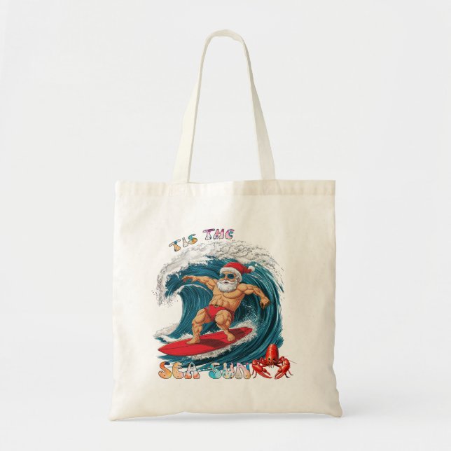 Tis The Sea-Sun - Surfing Santa Tote Bag (Front)