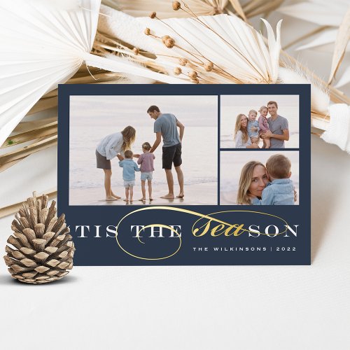 Tis the Season  3 Photo Nautical Christmas Foil Holiday Card
