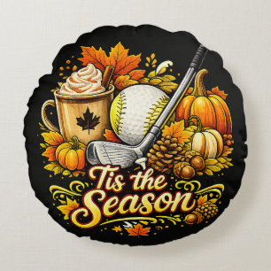 Tis The Season Autumn Golf Pumpkin Spice Coffee Round Pillow