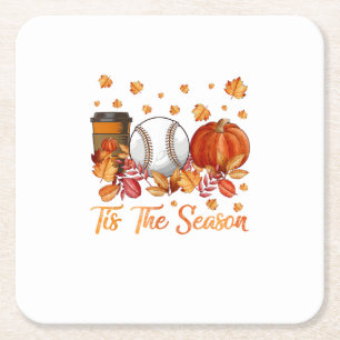 Tis The Season Baseball Pumpkin Autumn Fall Thanks Square Paper Coaster