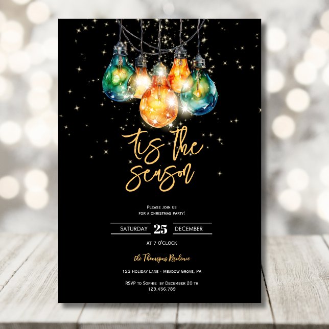 Tis the season, black, christmas lights party invitation (Creator Uploaded)